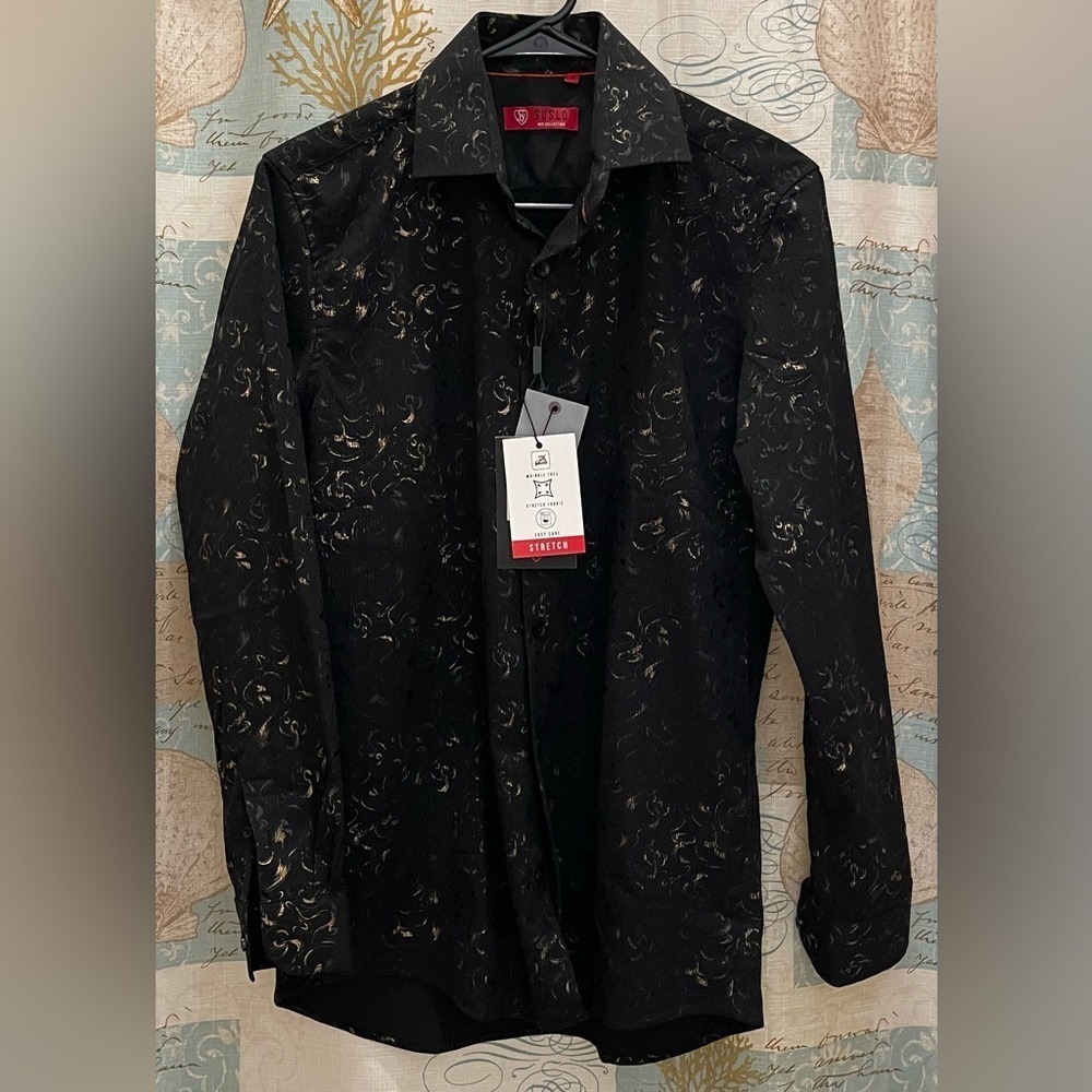 Suslo Couture Blouse Collard Black Gold Womens Business Button Metallic Small